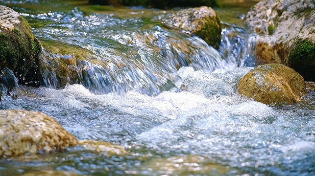 Clear, fast-flowing water rushes over a rocky stream bed in a shaded forest setting. Smooth, rounded rocks of various sizes are partially submerged in the water, 
