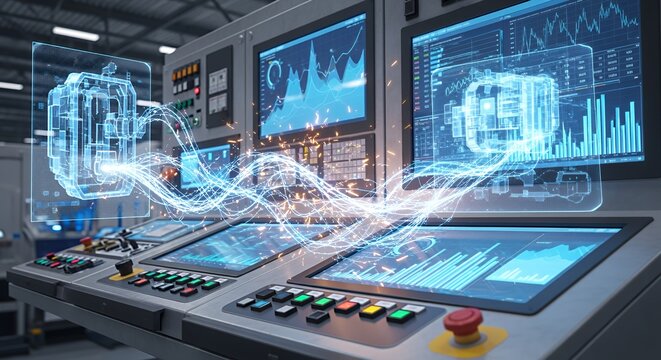 Futuristic Industrial Control Panel with Holographic Data