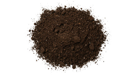 Close-up view of dark soil pile isolated on white background ideal for gardening and landscaping