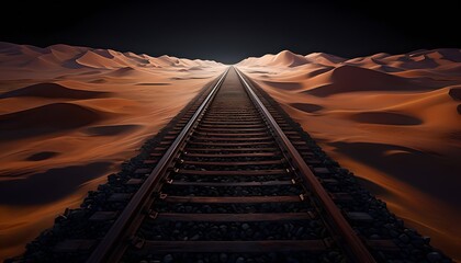 Railway Tracks through Desert Dunes Under a Dramatic Sky