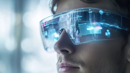 A young man wears futuristic augmented reality glasses. The glasses display a complex digital interface with glowing lines and data visualizations. 
