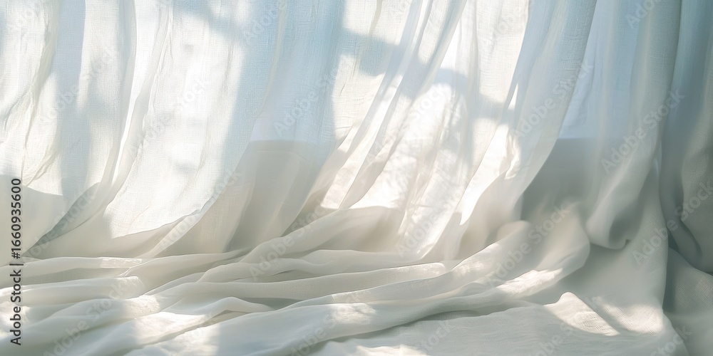 Poster sunlight streams through sheer white curtains, casting intricate shadows on the fabric. the curtains