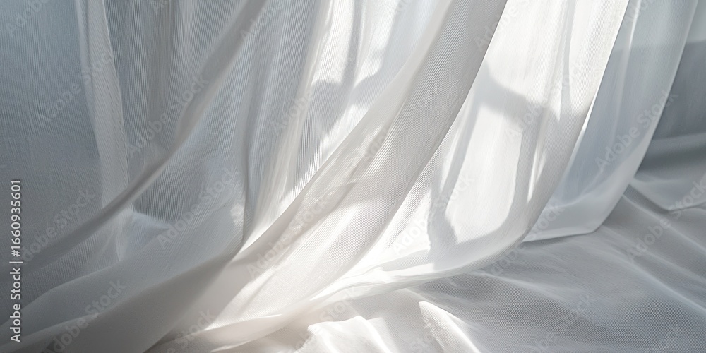Poster white sheer fabric drapes dramatically, illuminated by strong sunlight streaming through a window. t