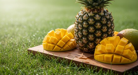 Tropical Fruits on Grass: Pineapple and Mango Delight