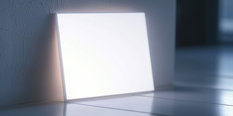 Obraz premium A bright, rectangular light panel emits a strong, focused beam of light onto a textured wall. The light creates a dramatic contrast with the dark background, highlighting the wall's surface.