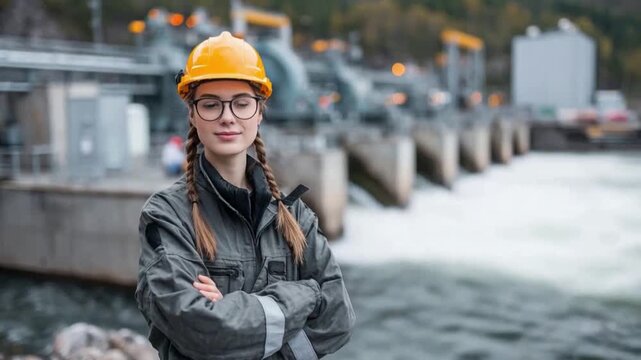 Empowered Engineer by Dam: A determined engineer stands confidently with folded arms at a hydroelectric dam, embodying expertise and dedication within her profession.