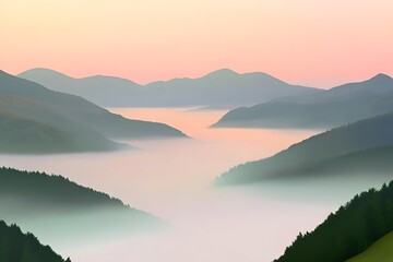 Obraz premium Serene misty mountains at dawn, a tranquil landscape.