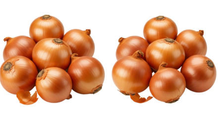 Two clusters of fresh brown onions arranged neatly isolated on white background