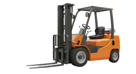 Forklift in an industrial setting lifting pallets amidst warehouse operations isolated on white background