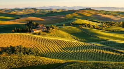 A breathtaking panoramic view of the Tuscan countryside at sunrise. Rolling hills covered in vibrant green fields and vineyards stretch out towards the horizon.