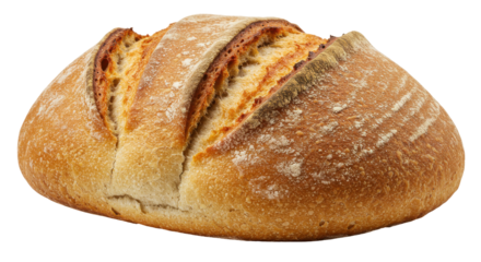 Freshly baked artisan bread loaf with a golden crust isolated on white background