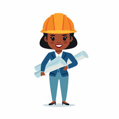 Cartoon Engineer with Plans, Hard Hat