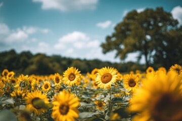 Obraz premium A field of sunflowers under a partly cloudy sky.