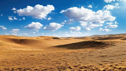 Fototapeta premium A vast, arid desert landscape stretches out under a brilliant blue sky dotted with fluffy white clouds. Rolling sand dunes dominate the foreground and middle ground