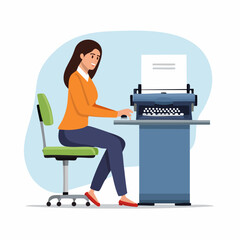 Woman Typing on a Typewriter - Retro Writing Illustration