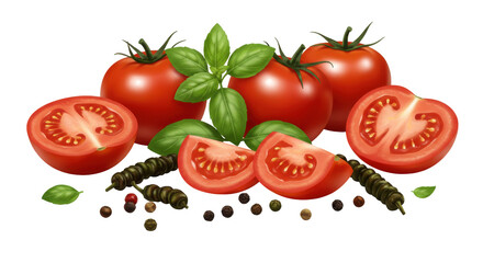 Fototapeta premium Freshly cut tomatoes with basil leaves and spices isolated on white background arranged on a kitchen counter