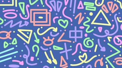 Fun colorful line doodle. Playful abstract doodle. Creative minimalist style art background for children or trendy design on blue background
