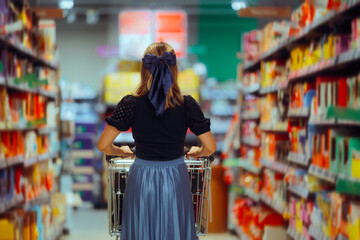 Back of a Women Walking in a Supermarket Pushing Cart. Unrecognizable elegant lady going on grocery...