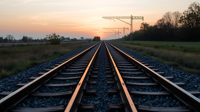 train tracks on gravel, two of railways tracks merge  with sunset background, concept of success