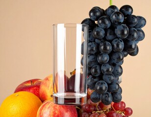 Ultra-Realistic Transparent Glass Tumbler with Fresh Fruits Background