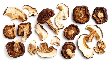 Dried shiitake mushrooms arranged on a white background