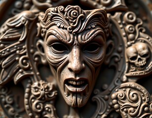 An intricately carved wooden headboard with a prominent figure at its center