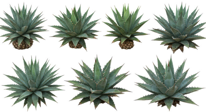 Multiple views of a healthy agave plant isolated on white background showcasing its vibrant green leaves and symmetry - Powered by Adobe