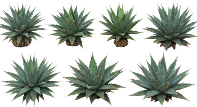 Multiple views of a healthy agave plant isolated on white background showcasing its vibrant green leaves and symmetry