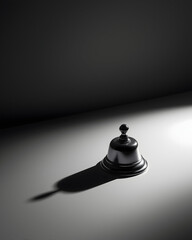 A sleek, metallic bell casts a shadow on a dark surface, emphasizing its polished surface and minimalistic design.