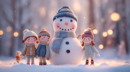 Obraz premium A whimsical winter scene featuring three children dressed in cozy attire, standing beside a cheerful snowman in a snowy landscape.