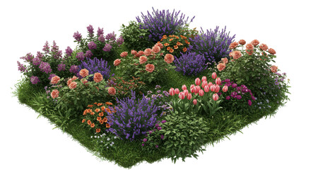 Vibrant flower garden showcasing a variety of blooms isolated on white background surrounded by lush greenery