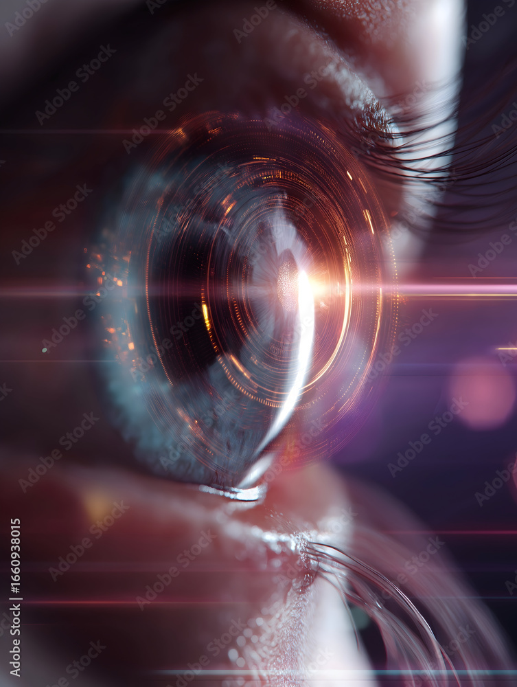 Poster a close-up of a futuristic eye with swirling patterns and glowing effects, blending technology and h