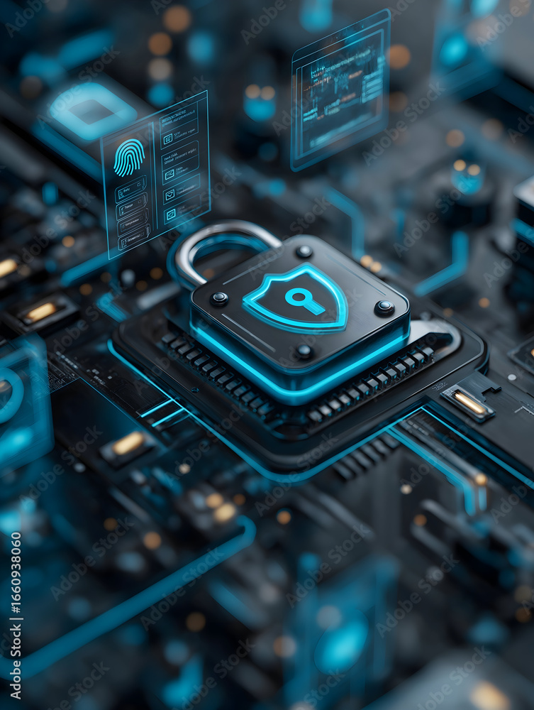 Poster a futuristic digital lock on a circuit board, symbolizing cybersecurity and advanced technology in a