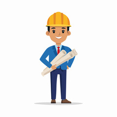Cartoon Architect with Blueprints and Hard Hat