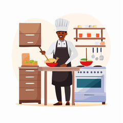 Chef Preparing Food in Kitchen - Cartoon Illustration