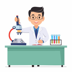 Cartoon Scientist at Work with Microscope and Test Tubes