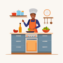 Chef Preparing a Healthy Meal, Kitchen Scene Illustration