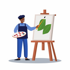 Artist Painting Green Leaves on Canvas