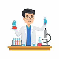 Cartoon Scientist Experimenting with Chemicals Illustration