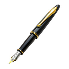 A black and gold fountain pen with a silver nib.