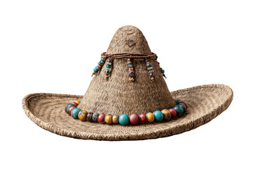 Large straw hat, adorned with beaded garland