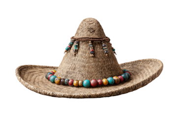 Large straw hat, adorned with beaded garland