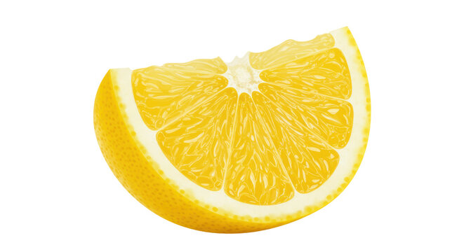 Freshly sliced lemon wedge isolated on white background highlighting its vibrant color and texture