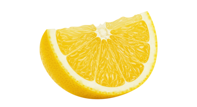 Freshly sliced lemon wedge isolated on white background highlighting its vibrant color and texture