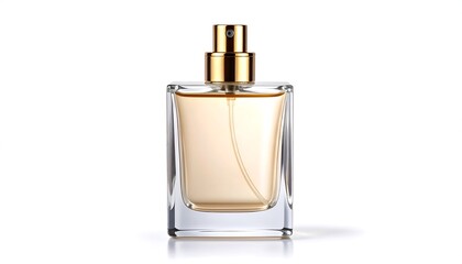 Perfume bottle with gold cap, and white background.