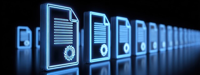 Illuminated file icons in a dark background.