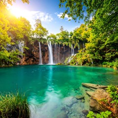 Serene waterfall cascading into a turquoise lake, surrounded by lush forest