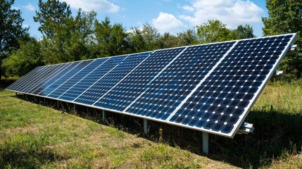 A large solar panel array is installed on a grassy field under a bright blue sky with scattered white clouds. The panels are arranged in multiple rows and angled towards the sun. 