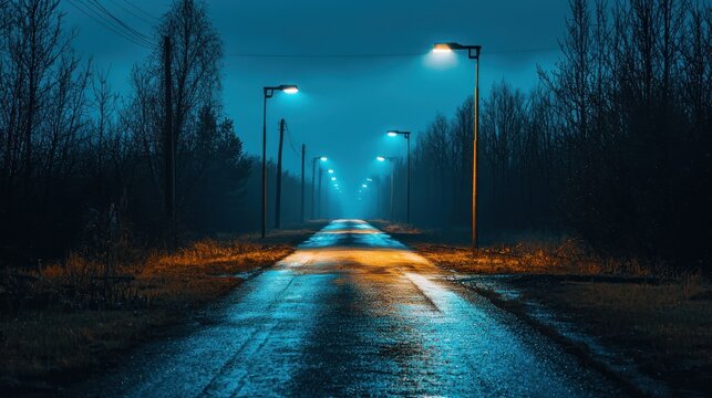 A long, wet road stretches into the distance, illuminated by a series of streetlights. Bare trees line both sides of the road, creating a dark and somewhat eerie atmosphere.
