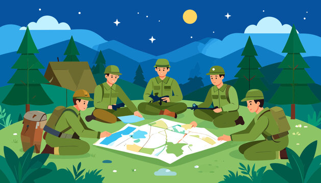 Military Strategy Session: Soldiers Planning Operation in Nature